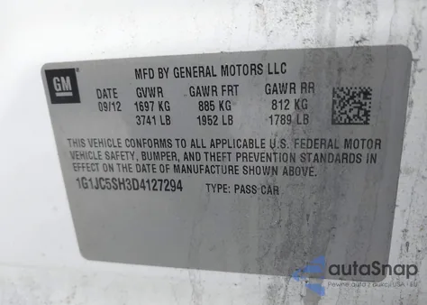 2013 Chevrolet Sonic Lt Auto из США, поврежденный, VIN 1G1JC5SH3D4127294